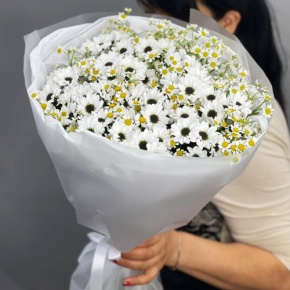 Букет "Понарошку" из хризантем сантини и ромашек в Кашире