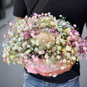 Композиция в коробке сердца из радужных гипсофил с топпером в Кашире